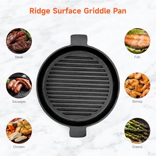 Warmiehomy Cast Iron Griddle Pan,24cm Pre-Seasoned Non-Stick Grill Pan,Round BBQ Cast Iron Skillet with 2 Handles for Gas Induction Electric Hobs and Oven Safe,Ridge Surface - Image 3