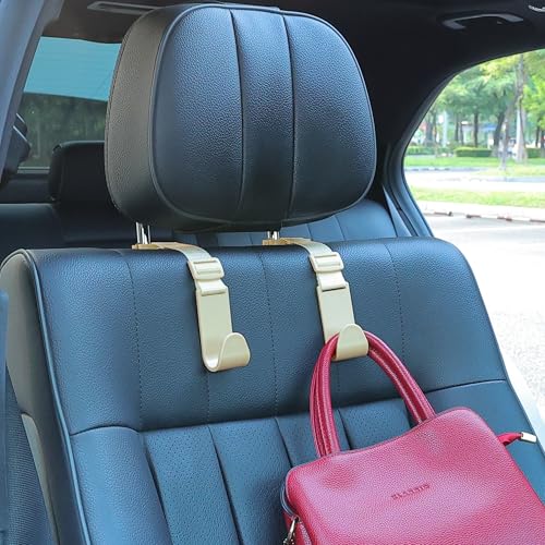 Amooca Headrest Hooks for Car Adjustable 4 Pack Vehicle Seat Back Organizer Storage Hanger Holder for Purse Bags Universal Fit with Clip Beige - Thumbnail 3