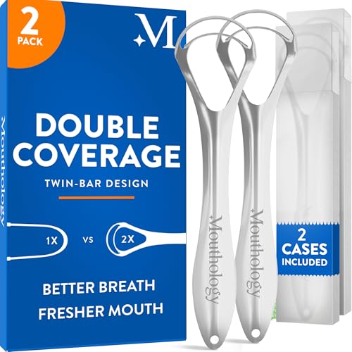 Mouthology Tongue Scraper for Adults (2 Pack), Reduce Bad Breath, Metal Tongue Scraper, Tongue Cleaner, Tongue Scraper, Stainless Steel Tongue Scraper, Tongue Cleaner for Adults, Tongue Scrubber