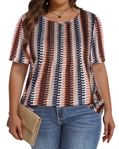 Image of Plus Size Tops for Women Pleated Summer Top Trendy Short Sleeve Shirts Casual Basic Tee Crew Neck Blouses 2026