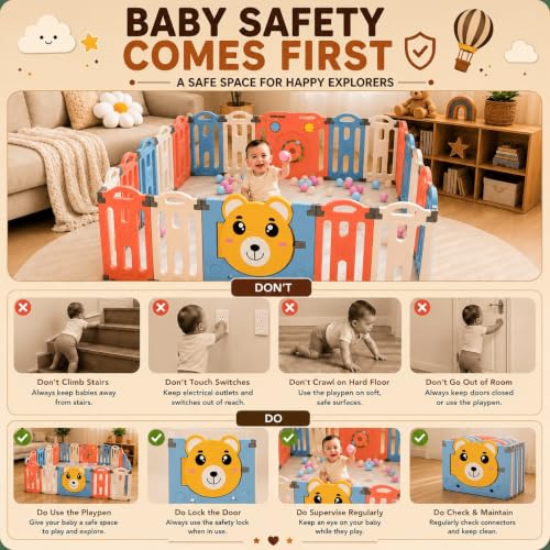 Image of Playpen for Babies for 0 - 5 Years with Mat, Balls, Gate for Kids Play pen Play Yards Fence Play Area for Kids Indoor Baby Playard Full Set for Toddlers, Child with Boundary Wall (Multi-Colour Teddy, 16 PANEL)