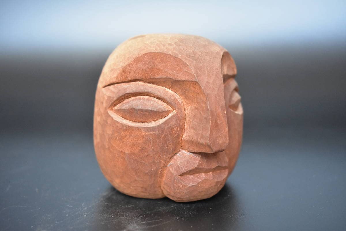 木製 顔の彫刻 アートオブジェ 木製顔彫刻 アートオブジェ 約15cm