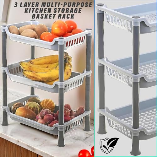 Image of Plastic 3 Layer Multi-Purpose Kitchen Storage Basket Rack|Vegetable Basket for Kitchen (Grey Tiered Shelf)