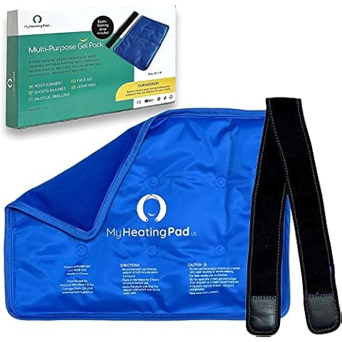 Rectangle Gel Pad for Arm, Leg, Knee, and Back - 15''x11'' Reusable Gel Ice Pack with Elastic Fastener for Hands-Free Application - Cold Packs for Post-Surgery or Sport Injuries - 1 Pack Blue Cover