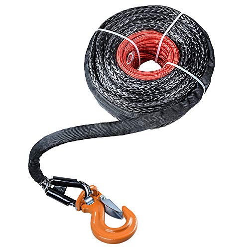 95 ft x 3/8 inch (Trong Synthetic Winch Rope Heat Guard Sleeve 20500LBs Sheath Thimble and Heavy Duty Forged Steel Grade 80 Safety Latch Clevis Yellow Hook