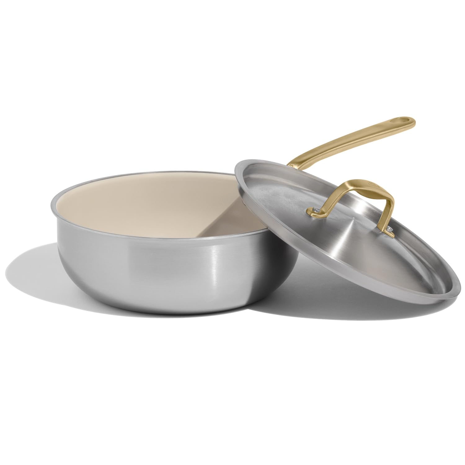 Made In Cookware - 3 QT CeramiClad Non Stick Saucier with Lid (Antique Brass Handle) - 5-Ply Stainless Clad with Stay-Cool Handle - Professional Cookware - Crafted in Italy - Induction Compatible
