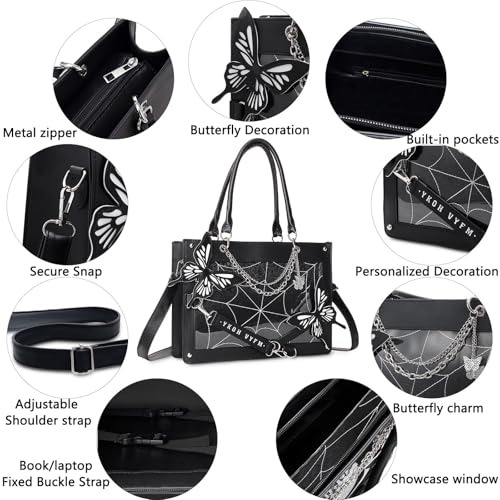 Leather Tote Bag for Women, Goth Glam Satchel Bag Large Top Handle Handbags for Lady Purse - Cobwebs Butterfly4