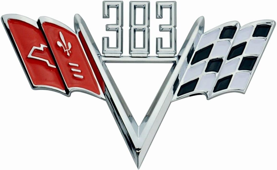 2Pc Custom 383 Cross Flag Fender Emblem Style Trim 3D Badge Universal Sticker Replacement for 1960s Che-vy (Chrome Red Black)