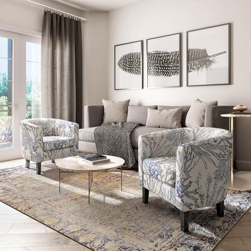 Image of BELLEZE Living Room Chairs Set of 2, Linen Round Accent Barrel Chairs, Club Tub Sofa Chairs for Bedroom, Corner Chairs with Flared Legs and Cozy Soft Padding - Highland (Blue Coral)