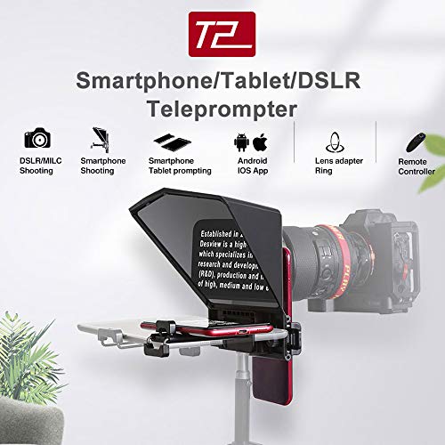 Image of Desview T2 Portable Teleprompter Kit With Lens Adapter Ring, Remote Controller, For Smartphone /Tablet /Dslr Camera Video Recording Interview Presentation - Black