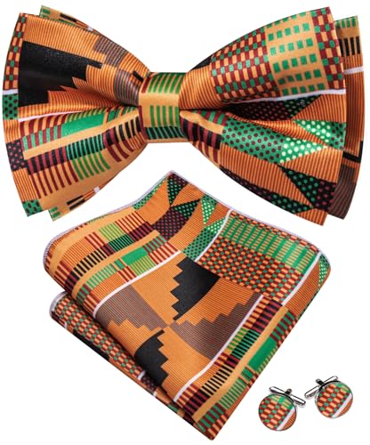Image of Barry.Wang Paisley Striped Bow Tie for Men Silk Pre-Tied Bowtie Pocket Square Cufflinks Set Formal Wedding Party Prom