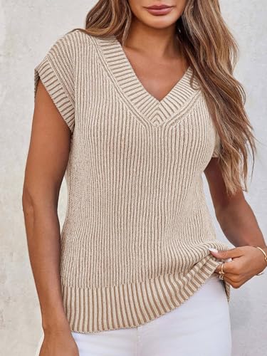 Saodimallsu Womens V Neck Short Sleeve Sweater Summer Lightweight Cap Sleeve Casual Loose Knit Pullover Tank Tops4