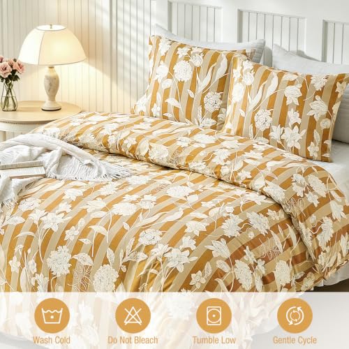 Image of Lekesky Orange Floral Duvet Cover King Size, Stripes Comforter Cover King Size Floral Printed Duvet Set, 3 Pieces Soft Microfiber Bedding Set with Zipper & 7 Ties (King, 104 inchx90 inch)