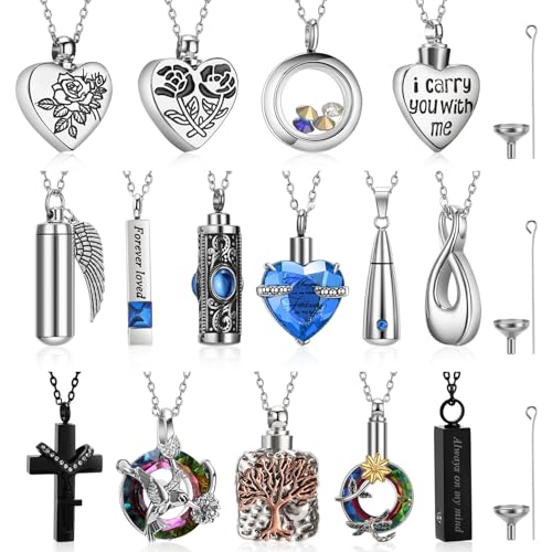 15 Pcs Urn Necklace for Ashes Women Keepsake Cremation Jewelry Stainless Steel Cross Heart Cubic Locket Ashes Necklace for Human Loved One