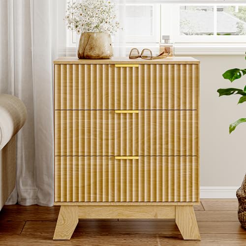 Image of HUANLEGO Fluted Nightstand with 3 Drawer for Bedroom, Oak | Mid Century Modern Beside Table with Metal Handle, Wooden End Table with 3 Drawers for Living Room, Closet, Entryway
