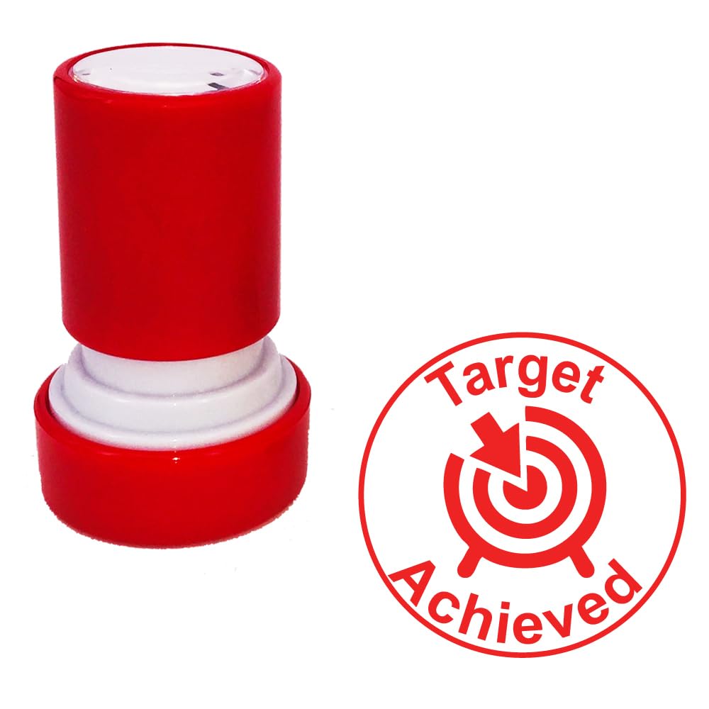 Target Achieved Teacher Stamp. Self-Inking, 22mm, Reinkable, Quality Stamper for Marking and Praise. Red Ink