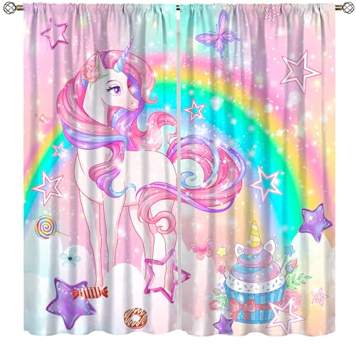 AAVEUP Unicorn Blackout Curtains for Girls Dream Ombre Rainbow Pink Gold Princess Unicorn Colorful Cake Stars Window Drapes Print for Kids Baby Nursery Bedroom Living Room 52x96in