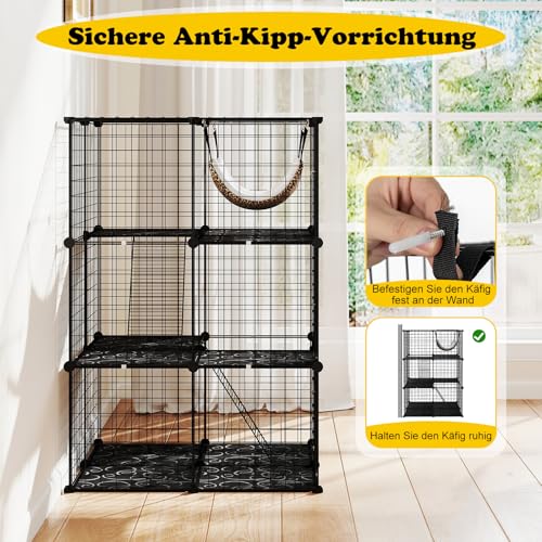 GYMAX 3 Ebenen Katzenkäfig faltbar, Katzengehege mit Oberlicht & Hängematte, Gitterkäfig aus Metall mit 3 abschließbaren Türen, Haustierspielplatz für Katzen & kleine Tiere (3 Etagen)
