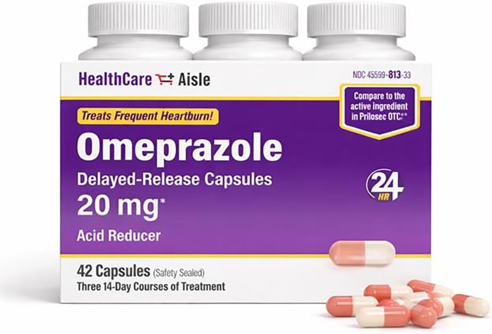 HealthCareAisle Omeprazole 20 mg, 42 Delayed-Release Capsules | Acid Reducer, Treats Frequent Heartburn, 42 Count, Pack of 1