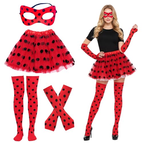 Xerteam Ladybird Costume Accessories Set for Girls Adult Ladybird Tutu Outfit Set with 40cm Polka Dot Dress Mask Leg Warmers Fingerless Gloves Halloween Animal Fancy Dress Party Bug Costume