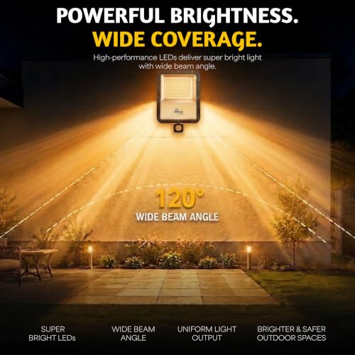 Image of Forus 250W LED Flood Light Amber with Motion Sensor Auto On Off Day Night Mode Waterproof Outdoor Security Light for Garden Parking Garage Factory Warehouse High Bright Floodlight 4Yr Warranty-1Pc