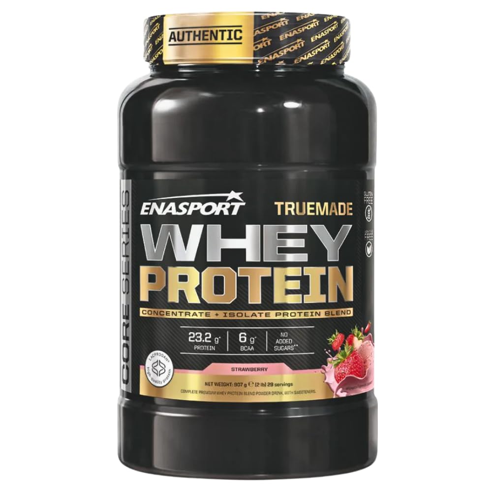 Truemade Whey Protein - Enasport. Proteina de suero de leche en polvo con BCAA, favorece la recuperacion y el crecimiento muscular (907 g, Fresa)