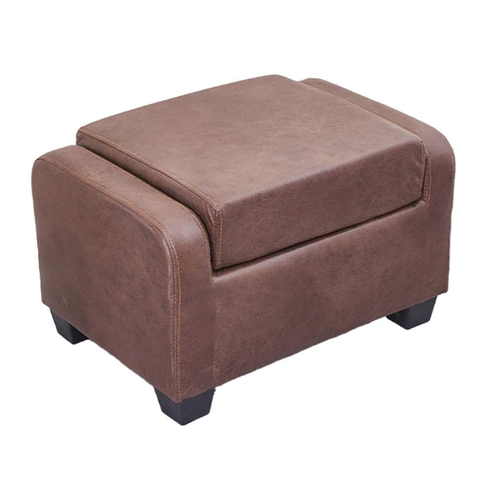 Ottoman marron haut de gamme en tissu lin de 50cm et piètement robuste en bois massif