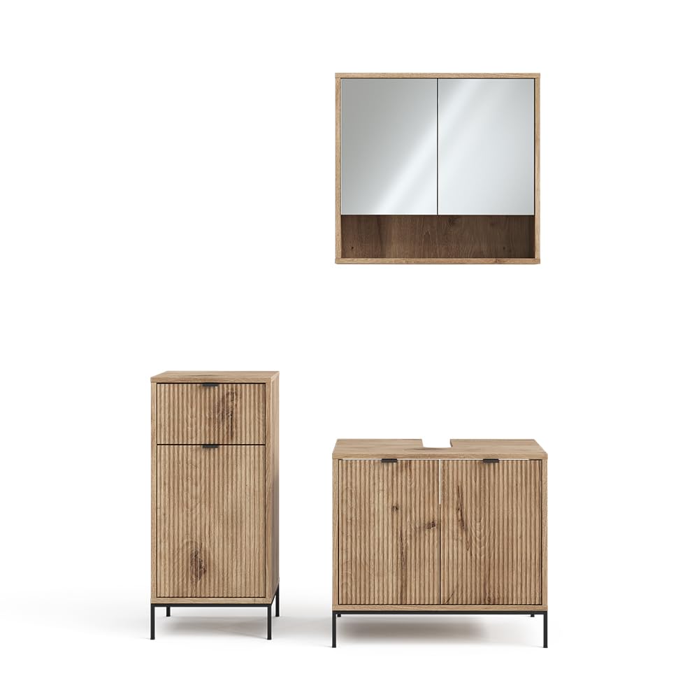 Vicco Badmöbel-Set Eliza, Viking Oak, 70 cm, besteht aus Waschbeckenunterschrank, Spiegelschrank und Midischrank