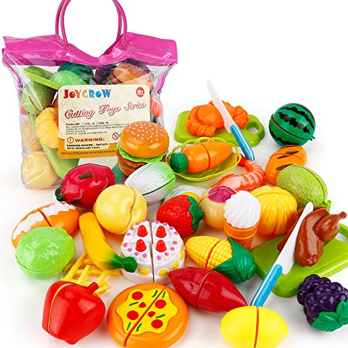 JoyGrow 32PCS Küchenspielzeug Kinder Schneide Lebensmittel Spielzeug Plastik Obst Gemüse Cutting Toy Kinder Rollenspiele Spielzeug (Rosa)