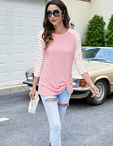 Koitmy Women's 3/4 Sleeve Raglan Twist Knotted Blouses T Shirt Tunics Tops Pink #TOP1