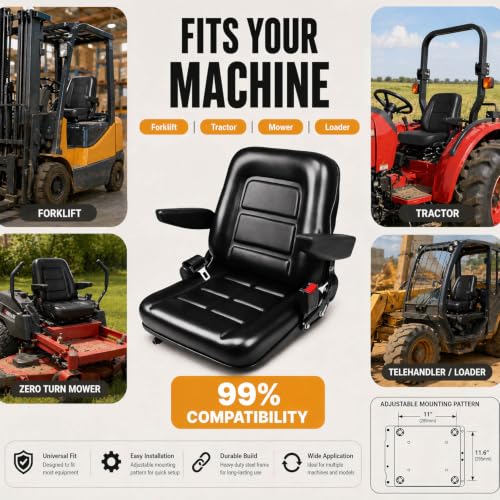 Image of Universal Lawn Tractor Seat,Zero Turn Seat Replacement for Ariens IKON-XD | Waterproof PVC Thickened Foam Cushion Mower Seat with Seatbelt & Armrests,for Mini-Excavator,Forklift,Skid Loader