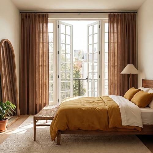 NICETOWN Pinch Pleated Linen Gold Brown Curtains 96 inches Long, Flax Linen Blend Semi Sheer Privacy with Light Filtering Window Treatments Causal Dra