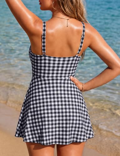 Womens One Piece Swimsuit Tummy Control Swim Dress Square Neck | Gold Metal Skirted Bathing Suit, Tie Knot Swim Suits, Removable Padded Bras, Beach Vacation Pool Party, Flattering Monokini — view 4