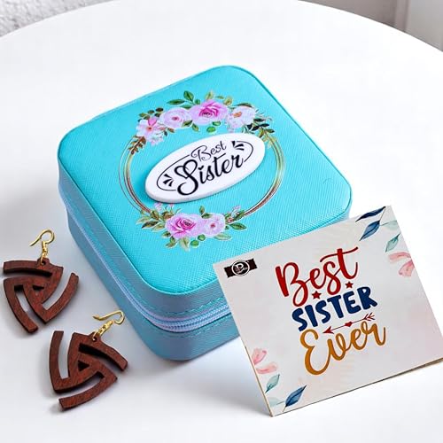 Image of P Arts Faux Leather Jewellery Organiser Box, Small Jewellery Box Organiser For Ring, Pendant, Earring, Necklace, Bracelet Jewellery Box For Women with Wooden Earrings for Women, Sea Green 4x4 Inch