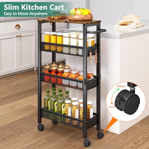 Image of Vivihomety Utility Slim Storage Cart with Wheels, 4 Tier Small Rolling Cart with Wood Top, Metal Kitchen Bathroom Laundry Room Organization Trolley with Handle for Narrow Space - Black