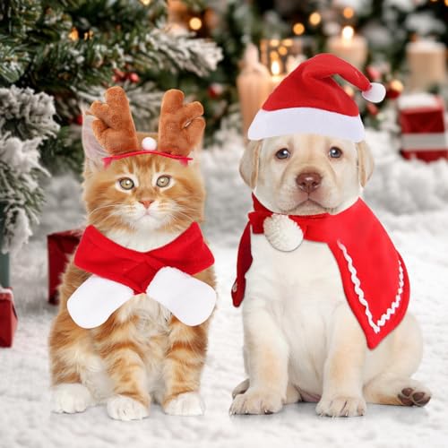ZUSUZU Weihnachtskostüm Katzen Hunde,Weihnachten Haustier Kleidung,Weihnachten Kleidung Hundekleidung mit Schal, Rot Elch Geweih Katzenbekleidung Weihnachts Outfit Geschenk für Klein Hund Katze
