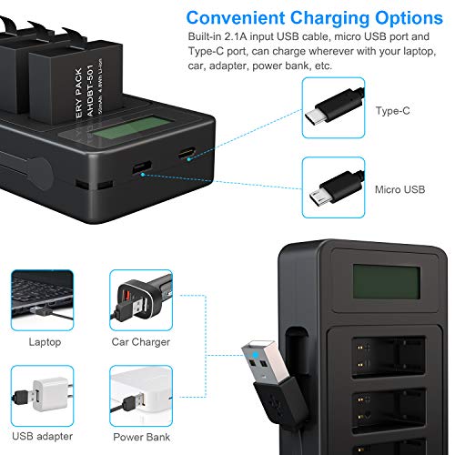 TOMSHEIR Gopro Battery (3-Pack) for Hero 8/7/6/5 USB Fast Charger and Replacement Batteries for GoPro Hero 8 Black, Hero 7 Black, Hero 6 Black, Hero 5 Black, Hero(2018), AABAT-001, AJBAT-001