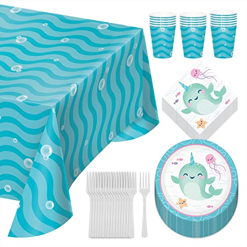 Narwhal Party Dessert Pack Happy Narwhal Dessert Plates Beverage Napkins Cups and Under Water Bubbles Table Cover Serves 16