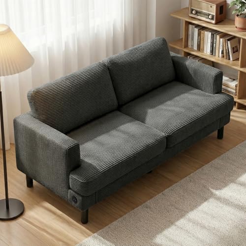Image of 70 inch Loveseat Sofa, 2-Seater Bedroom Couches with USB, Deep Seat, Dark Grey | Upgrade Upholstered Love Seat Sleeper Sofa, Corduroy Small Couch for Bedroom, Apartment, Office