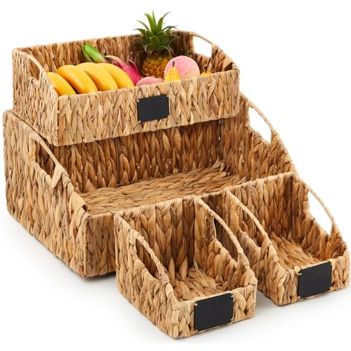 4 Pcs Water Hyacinth Storage Basket Set Boho Wicker Rattan Pantry Basket with Chalkboard Label Handles Woven Container Kitchen Laundry Large Small for Shelves Food Home Bathroom Decor