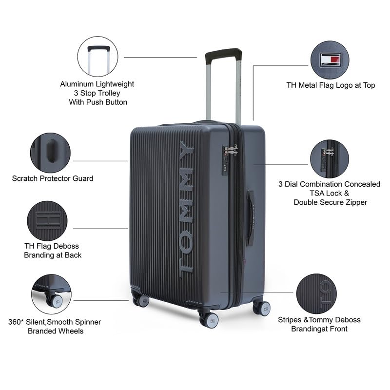 Image of Tommy Hilfiger Polyester Luggage Trolley, Grey, Empire Plus, 63L | Big Hard Suitcase for Travel Medium 360 Degree