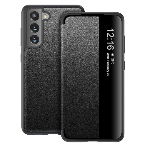 Flip Case for Samsung Galaxy S21 FE Case S View, Frosted Translucent Clear View Folio 360 Degree Full Body Protective Phone Case for Samsung S21 FE, Luxury Flip Cover Case for Samsung S21 FE (Black)
