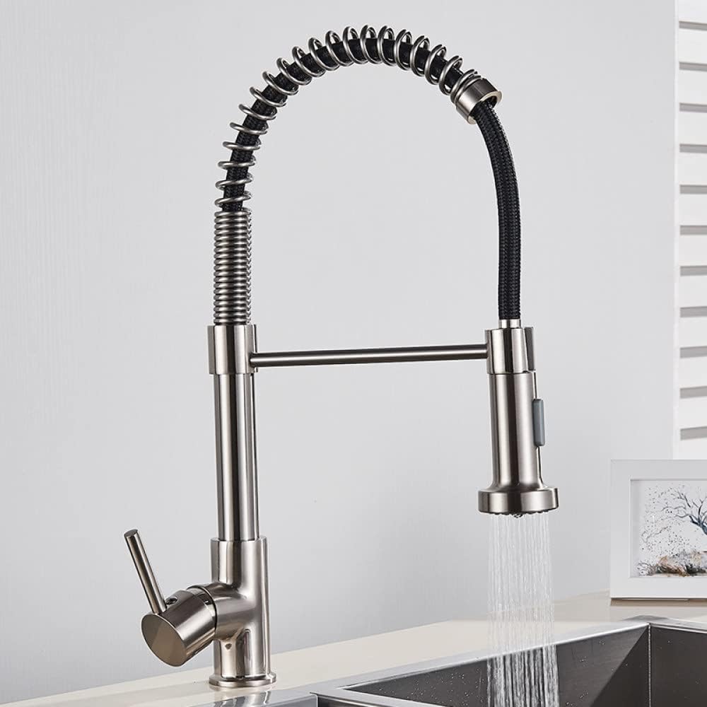 Brushed Gold Kitchen Faucet Pull Down with 2-Way Spray, Single Handle Cold Water Mixer, 360° Rotation, Nickel Grey Hose