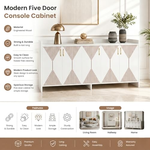 Image of Spyder Craft Mid-Century Modern 5-Door Sideboard Buffet - Geometric Diamond Pattern Credenza with Gold Hardware & Tapered Legs - Large Wood Storage Cabinet for Living Room, Dining Room- White