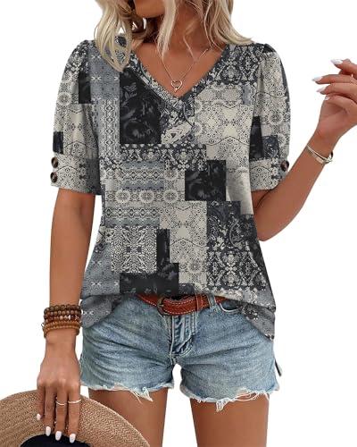Image of OFEEFAN Womens Tops Short Sleeve Shirts Buttons V Neck Spring Fashion Summer Outfits Plus Size Blouses Dressy Casual