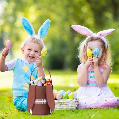 Image of Kacctyen Easter Rugby Bunny Basket Easter Sports Baskets with Rabbit Ears Tote Easter Snack Bags for Easter Egg Hunt Game