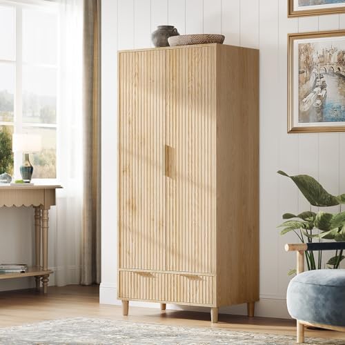 VINGLI Fluted Wardrobe Closet Armoire with Doors And Drawers, Wardrobe Cabinet with Hanging Rack, Bedroom Closet Wood, Oak Free Standing Armoire with Shelf and Solid Wood Legs, 31.5