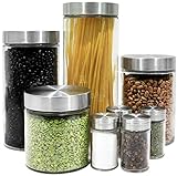 Estilo 8 Piece Glass Canisters And Spice Jar Set with Stainless Steel Screw On Lids, Clear