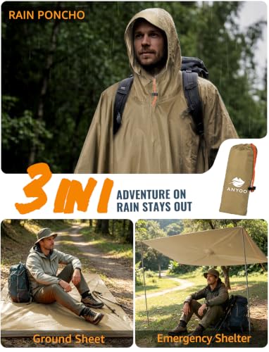 Image of ANYOO Hooded Rain Poncho for Adults Waterproof Lightweight Rain Coat for Men Women Reusable Rain Jacket for Emergency Outdoor