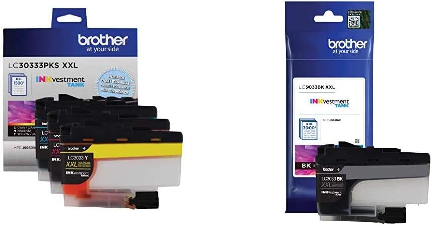 Brother Genuine LC30333PKS 3-Pack: 1 Cartridge each of Cyan, Magenta & Yellow & Genuine LC3033BK, Single Pack Super High-Yield Black INKvestment Tank Ink Cartridge, Amazon Dash Replenishment Cartridge